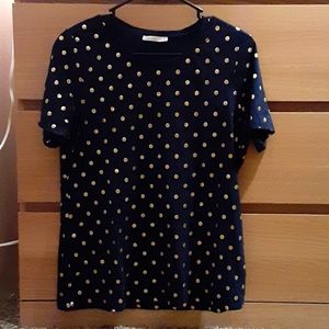 Navy blue and gold polka dot shirt